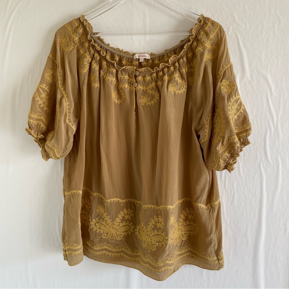 Sundance Brown Silk Embroidered Off The Shoulder Top Size L